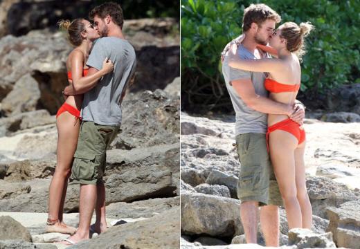 Miley Cyrus e Liam Hemsworth beijando biquíni praia