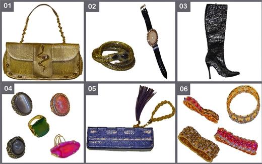 01: Bolsa com símbolo de cobra; 02: Bracelete também de cobra e relógio dourado; 03: Bota de paetê; 04: Anéis com pedra. 05: Carteira azul royal; 06: Pulseiras em dourado com brilhos
