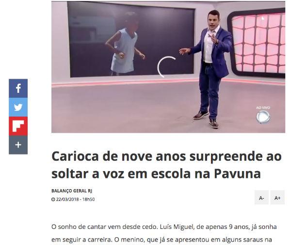 Luis Miguel em entrevista para a TV Record; na época ele ainda não tinha a música própria