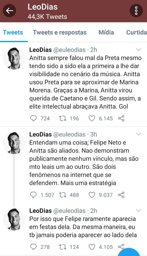Conversas de Léo Dias e Anitta publicadas no WhatsApp