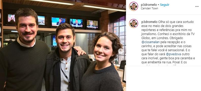 Pedro Melo visita Rede Globo em Londres com Cecília Malan e repórter Pedro Vedova