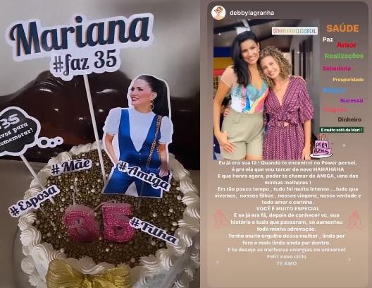 Mariana Felício e Debby Lagranha e bolo de aniversário