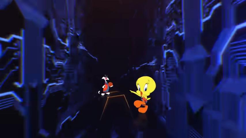 Space Jam: Um Novo Legado. Cenas com filmes de LeBron James e os desenhos da Looney Tunes
