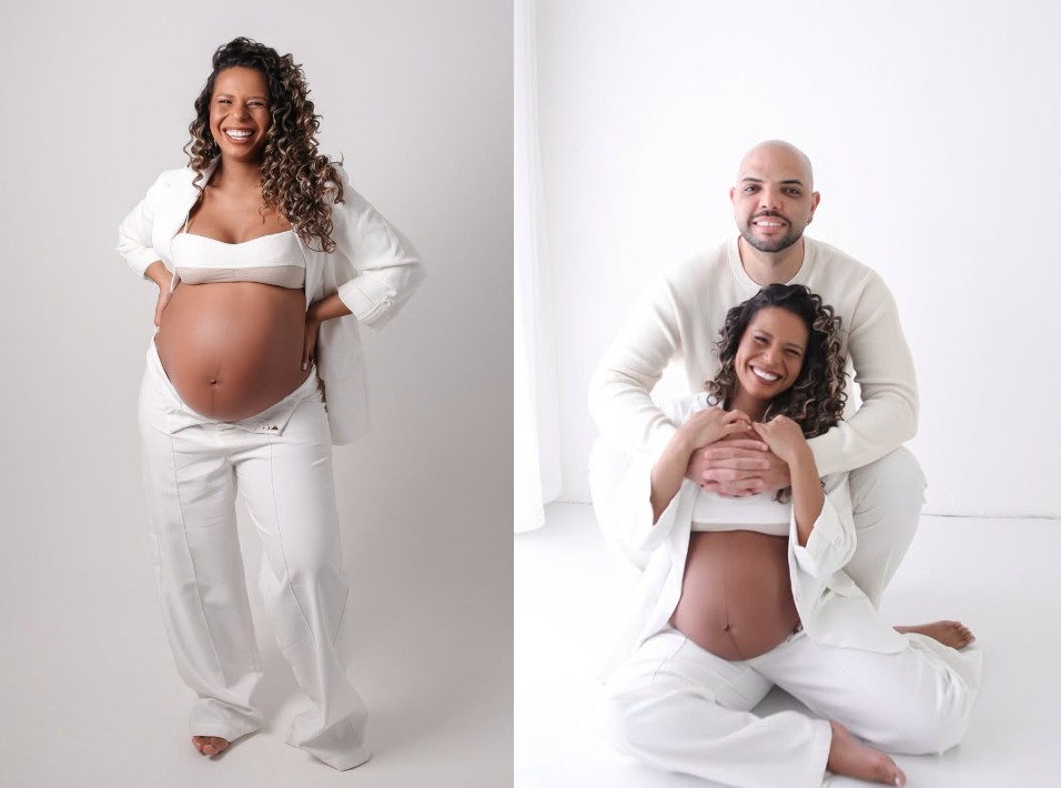 Grávida, Daniela Lopes em ensaio de fotos com o marido